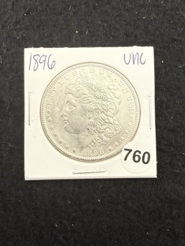 1896 UNC Morgan Silver Dollar Coin: KEY WORDS: INDIAN ARTIFACT ARTIFACTS ARROWHEAD ARROWHEADS NATIVE AMERICAN MISSISSIPPIAN QUAPAW CADDO POTTERY COINS MORGAN DOLLAR PEACE DOLLAR SILVER COINS. All coins have been Sigma tested for authent