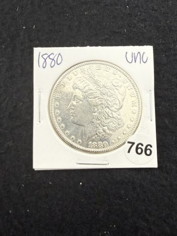 1880 UNC Morgan Silver Dollar Coin: KEY WORDS: INDIAN ARTIFACT ARTIFACTS ARROWHEAD ARROWHEADS NATIVE AMERICAN MISSISSIPPIAN QUAPAW CADDO POTTERY COINS MORGAN DOLLAR PEACE DOLLAR SILVER COINS. All coins have been Sigma tested for authent