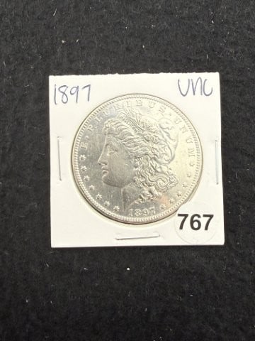 1897 UNC Morgan Silver Dollar Coin: KEY WORDS: INDIAN ARTIFACT ARTIFACTS ARROWHEAD ARROWHEADS NATIVE AMERICAN MISSISSIPPIAN QUAPAW CADDO POTTERY COINS MORGAN DOLLAR PEACE DOLLAR SILVER COINS. All coins have been Sigma tested for authent