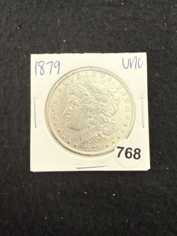 1879 UNC Morgan Silver Dollar Coin: KEY WORDS: INDIAN ARTIFACT ARTIFACTS ARROWHEAD ARROWHEADS NATIVE AMERICAN MISSISSIPPIAN QUAPAW CADDO POTTERY COINS MORGAN DOLLAR PEACE DOLLAR SILVER COINS. All coins have been Sigma tested for authent