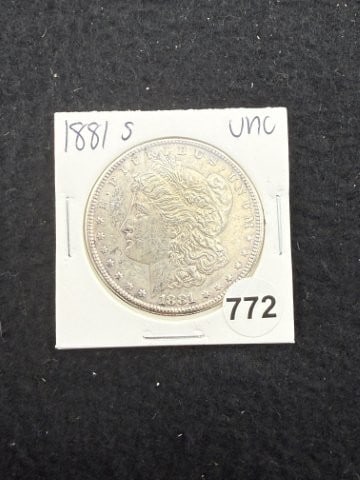 1881 S UNC Morgan Silver Dollar Coin: KEY WORDS: INDIAN ARTIFACT ARTIFACTS ARROWHEAD ARROWHEADS NATIVE AMERICAN MISSISSIPPIAN QUAPAW CADDO POTTERY COINS MORGAN DOLLAR PEACE DOLLAR SILVER COINS. All coins have been Sigma tested for authent