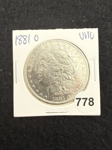 1881 O UNC Morgan Silver Dollar Coin: KEY WORDS: INDIAN ARTIFACT ARTIFACTS ARROWHEAD ARROWHEADS NATIVE AMERICAN MISSISSIPPIAN QUAPAW CADDO POTTERY COINS MORGAN DOLLAR PEACE DOLLAR SILVER COINS. All coins have been Sigma tested for authent