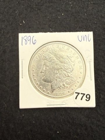 1896 UNC Morgan Silver Dollar Coin: KEY WORDS: INDIAN ARTIFACT ARTIFACTS ARROWHEAD ARROWHEADS NATIVE AMERICAN MISSISSIPPIAN QUAPAW CADDO POTTERY COINS MORGAN DOLLAR PEACE DOLLAR SILVER COINS. All coins have been Sigma tested for authent