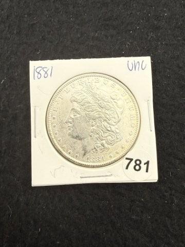 1881 UNC Morgan Silver Dollar Coin: KEY WORDS: INDIAN ARTIFACT ARTIFACTS ARROWHEAD ARROWHEADS NATIVE AMERICAN MISSISSIPPIAN QUAPAW CADDO POTTERY COINS MORGAN DOLLAR PEACE DOLLAR SILVER COINS. All coins have been Sigma tested for authent