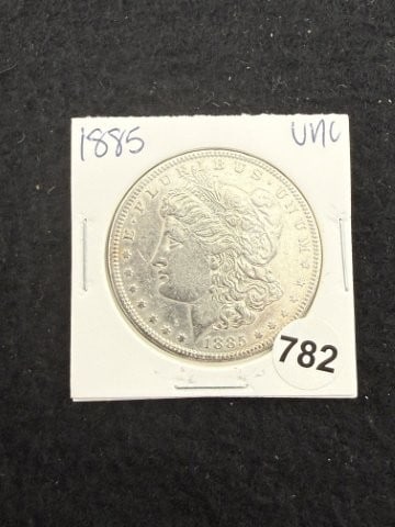 1885 UNC Morgan Silver Dollar Coin: KEY WORDS: INDIAN ARTIFACT ARTIFACTS ARROWHEAD ARROWHEADS NATIVE AMERICAN MISSISSIPPIAN QUAPAW CADDO POTTERY COINS MORGAN DOLLAR PEACE DOLLAR SILVER COINS. All coins have been Sigma tested for authent