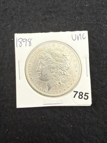 1898 UNC Morgan Silver Dollar Coin: KEY WORDS: INDIAN ARTIFACT ARTIFACTS ARROWHEAD ARROWHEADS NATIVE AMERICAN MISSISSIPPIAN QUAPAW CADDO POTTERY COINS MORGAN DOLLAR PEACE DOLLAR SILVER COINS. All coins have been Sigma tested for authent