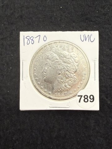 1887 O UNC Morgan Silver Dollar Coin: KEY WORDS: INDIAN ARTIFACT ARTIFACTS ARROWHEAD ARROWHEADS NATIVE AMERICAN MISSISSIPPIAN QUAPAW CADDO POTTERY COINS MORGAN DOLLAR PEACE DOLLAR SILVER COINS. All coins have been Sigma tested for authent