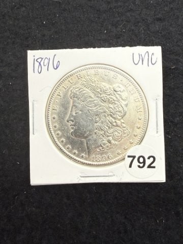 1896 UNC Morgan Silver Dollar Coin: KEY WORDS: INDIAN ARTIFACT ARTIFACTS ARROWHEAD ARROWHEADS NATIVE AMERICAN MISSISSIPPIAN QUAPAW CADDO POTTERY COINS MORGAN DOLLAR PEACE DOLLAR SILVER COINS. All coins have been Sigma tested for authent