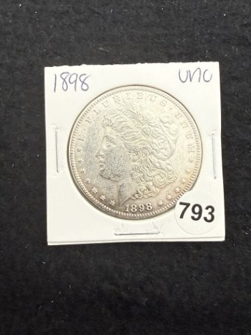 1898 UNC Morgan Silver Dollar Coin: KEY WORDS: INDIAN ARTIFACT ARTIFACTS ARROWHEAD ARROWHEADS NATIVE AMERICAN MISSISSIPPIAN QUAPAW CADDO POTTERY COINS MORGAN DOLLAR PEACE DOLLAR SILVER COINS. All coins have been Sigma tested for authent