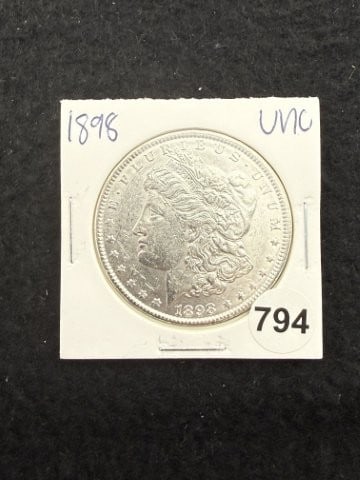1898 UNC Morgan Silver Dollar Coin: KEY WORDS: INDIAN ARTIFACT ARTIFACTS ARROWHEAD ARROWHEADS NATIVE AMERICAN MISSISSIPPIAN QUAPAW CADDO POTTERY COINS MORGAN DOLLAR PEACE DOLLAR SILVER COINS. All coins have been Sigma tested for authent