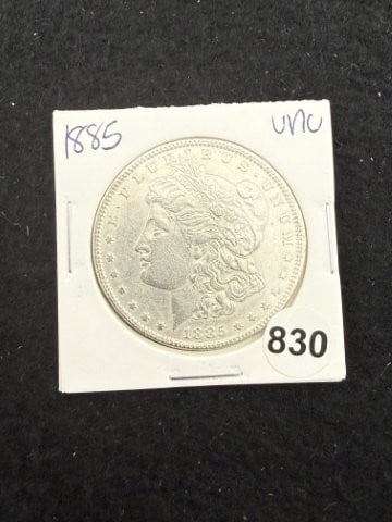 1885 UNC Morgan Silver Dollar Coin: KEY WORDS: INDIAN ARTIFACT ARTIFACTS ARROWHEAD ARROWHEADS NATIVE AMERICAN MISSISSIPPIAN QUAPAW CADDO POTTERY COINS MORGAN DOLLAR PEACE DOLLAR SILVER COINS. All coins have been Sigma tested for authent