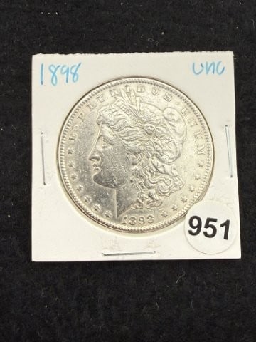 1898 UNC Morgan Silver Dollar Coin: KEY WORDS: INDIAN ARTIFACT ARTIFACTS ARROWHEAD ARROWHEADS NATIVE AMERICAN MISSISSIPPIAN QUAPAW CADDO POTTERY COINS MORGAN DOLLAR PEACE DOLLAR SILVER COINS. All coins have been Sigma tested for