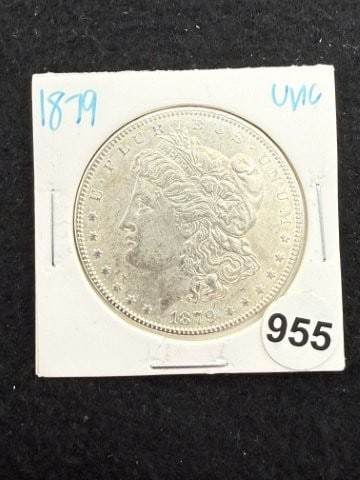 1879 UNC Morgan Silver Dollar Coin: KEY WORDS: INDIAN ARTIFACT ARTIFACTS ARROWHEAD ARROWHEADS NATIVE AMERICAN MISSISSIPPIAN QUAPAW CADDO POTTERY COINS MORGAN DOLLAR PEACE DOLLAR SILVER COINS. All coins have been Sigma tested for authent