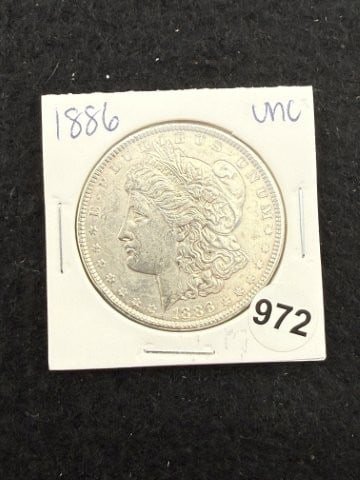 1886 UNC Morgan Silver Dollar Coin: KEY WORDS: INDIAN ARTIFACT ARTIFACTS ARROWHEAD ARROWHEADS NATIVE AMERICAN MISSISSIPPIAN QUAPAW CADDO POTTERY COINS MORGAN DOLLAR PEACE DOLLAR SILVER COINS. All coins have been Sigma tested for authent