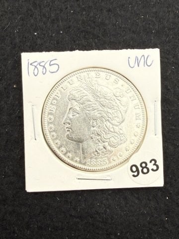 1885 UNC Morgan Silver Dollar Coin: KEY WORDS: INDIAN ARTIFACT ARTIFACTS ARROWHEAD ARROWHEADS NATIVE AMERICAN MISSISSIPPIAN QUAPAW CADDO POTTERY COINS MORGAN DOLLAR PEACE DOLLAR SILVER COINS. All coins have been Sigma tested for authent