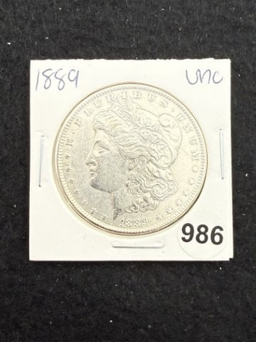 1889 UNC Morgan Silver Dollar Coin: KEY WORDS: INDIAN ARTIFACT ARTIFACTS ARROWHEAD ARROWHEADS NATIVE AMERICAN MISSISSIPPIAN QUAPAW CADDO POTTERY COINS MORGAN DOLLAR PEACE DOLLAR SILVER COINS. All coins have been Sigma tested for authent