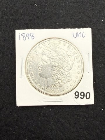 1898 UNC Morgan Silver Dollar Coin: KEY WORDS: INDIAN ARTIFACT ARTIFACTS ARROWHEAD ARROWHEADS NATIVE AMERICAN MISSISSIPPIAN QUAPAW CADDO POTTERY COINS MORGAN DOLLAR PEACE DOLLAR SILVER COINS. All coins have been Sigma tested for authent