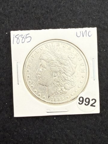 1885 UNC Morgan Silver Dollar Coin: KEY WORDS: INDIAN ARTIFACT ARTIFACTS ARROWHEAD ARROWHEADS NATIVE AMERICAN MISSISSIPPIAN QUAPAW CADDO POTTERY COINS MORGAN DOLLAR PEACE DOLLAR SILVER COINS. All coins have been Sigma tested for authent