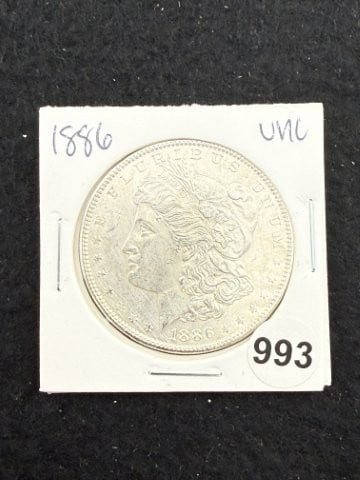 1886 UNC Morgan Silver Dollar Coin: KEY WORDS: INDIAN ARTIFACT ARTIFACTS ARROWHEAD ARROWHEADS NATIVE AMERICAN MISSISSIPPIAN QUAPAW CADDO POTTERY COINS MORGAN DOLLAR PEACE DOLLAR SILVER COINS. All coins have been Sigma tested for authent