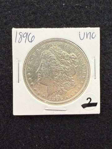 1896 UNC Morgan Silver Dollar Coin: KEY WORDS: INDIAN ARTIFACT ARTIFACTS ARROWHEAD ARROWHEADS NATIVE AMERICAN MISSISSIPPIAN QUAPAW CADDO POTTERY COINS MORGAN DOLLAR PEACE DOLLAR SILVER COINS. All coins have been Sigma tested for authent