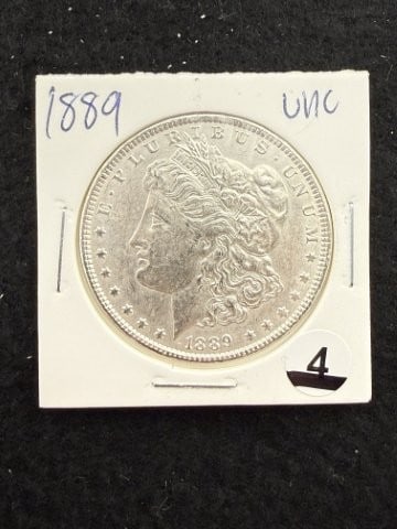 1889 UNC Morgan Silver Dollar Coin: KEY WORDS: INDIAN ARTIFACT ARTIFACTS ARROWHEAD ARROWHEADS NATIVE AMERICAN MISSISSIPPIAN QUAPAW CADDO POTTERY COINS MORGAN DOLLAR PEACE DOLLAR SILVER COINS. All coins have been Sigma tested for authent