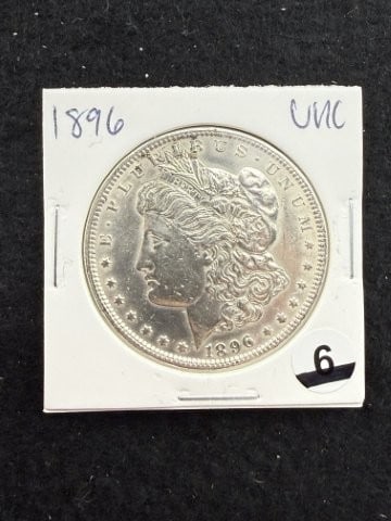 1896 UNC Morgan Silver Dollar Coin: KEY WORDS: INDIAN ARTIFACT ARTIFACTS ARROWHEAD ARROWHEADS NATIVE AMERICAN MISSISSIPPIAN QUAPAW CADDO POTTERY COINS MORGAN DOLLAR PEACE DOLLAR SILVER COINS. All coins have been Sigma tested for authent