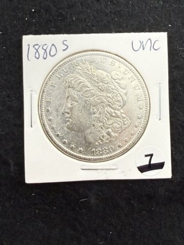 1880 S UNC Morgan Silver Dollar Coin: KEY WORDS: INDIAN ARTIFACT ARTIFACTS ARROWHEAD ARROWHEADS NATIVE AMERICAN MISSISSIPPIAN QUAPAW CADDO POTTERY COINS MORGAN DOLLAR PEACE DOLLAR SILVER COINS. All coins have been Sigma tested for authent