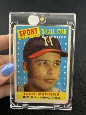 1958 Topps Eddie Mathews Baseball Card: KEY WORDS: INDIAN ARTIFACT ARTIFACTS ARROWHEAD ARROWHEADS NATIVE AMERICAN MISSISSIPPIAN QUAPAW CADDO POTTERY COINS MORGAN DOLLAR PEACE DOLLAR SILVER COINS. All coins have been Sigma tested for authent