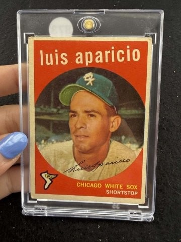 1959 Topps Luis Aparicio Baseball Card: KEY WORDS: INDIAN ARTIFACT ARTIFACTS ARROWHEAD ARROWHEADS NATIVE AMERICAN MISSISSIPPIAN QUAPAW CADDO POTTERY COINS MORGAN DOLLAR PEACE DOLLAR SILVER COINS. All coins have been Sigma tested for