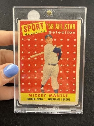 1958 Topps Mickey Mantle Baseball Card: KEY WORDS: INDIAN ARTIFACT ARTIFACTS ARROWHEAD ARROWHEADS NATIVE AMERICAN MISSISSIPPIAN QUAPAW CADDO POTTERY COINS MORGAN DOLLAR PEACE DOLLAR SILVER COINS. All coins have been Sigma tested for