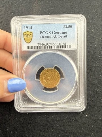 1914 Genuine AU 2 & 1/2 Dollar Gold Coin: KEY WORDS: INDIAN ARTIFACT ARTIFACTS ARROWHEAD ARROWHEADS NATIVE AMERICAN MISSISSIPPIAN QUAPAW CADDO POTTERY COINS MORGAN DOLLAR PEACE DOLLAR SILVER COINS. All coins have been Sigma tested for