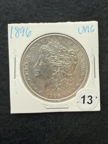 1896 UNC Morgan Silver Dollar Coin: KEY WORDS: INDIAN ARTIFACT ARTIFACTS ARROWHEAD ARROWHEADS NATIVE AMERICAN MISSISSIPPIAN QUAPAW CADDO POTTERY COINS MORGAN DOLLAR PEACE DOLLAR SILVER COINS. All coins have been Sigma tested for authent