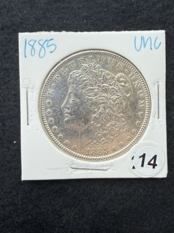 1885 UNC Morgan Silver Dollar Coin: KEY WORDS: INDIAN ARTIFACT ARTIFACTS ARROWHEAD ARROWHEADS NATIVE AMERICAN MISSISSIPPIAN QUAPAW CADDO POTTERY COINS MORGAN DOLLAR PEACE DOLLAR SILVER COINS. All coins have been Sigma tested for authent