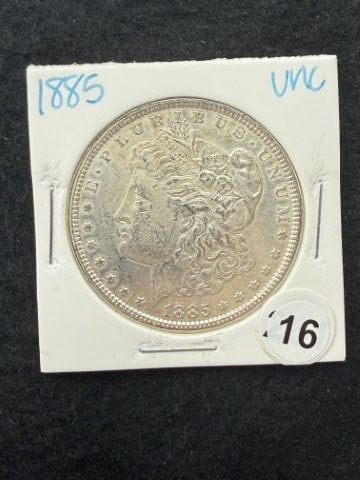1885 UNC Morgan Silver Dollar Coin: KEY WORDS: INDIAN ARTIFACT ARTIFACTS ARROWHEAD ARROWHEADS NATIVE AMERICAN MISSISSIPPIAN QUAPAW CADDO POTTERY COINS MORGAN DOLLAR PEACE DOLLAR SILVER COINS. All coins have been Sigma tested for