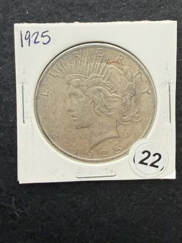 1925 Peace Silver Dollar Coin: KEY WORDS: INDIAN ARTIFACT ARTIFACTS ARROWHEAD ARROWHEADS NATIVE AMERICAN MISSISSIPPIAN QUAPAW CADDO POTTERY COINS MORGAN DOLLAR PEACE DOLLAR SILVER COINS. All coins have been Sigma tested for