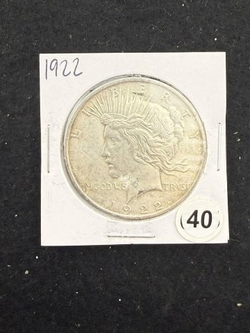 1922 Peace Silver Dollar Coin: KEY WORDS: INDIAN ARTIFACT ARTIFACTS ARROWHEAD ARROWHEADS NATIVE AMERICAN MISSISSIPPIAN QUAPAW CADDO POTTERY COINS MORGAN DOLLAR PEACE DOLLAR SILVER COINS. All coins have been Sigma tested for authent