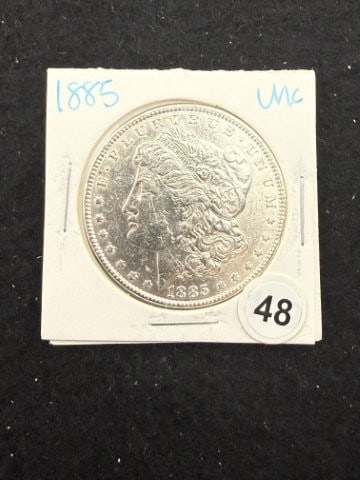 1885 UNC Morgan Silver Dollar Coin: KEY WORDS: INDIAN ARTIFACT ARTIFACTS ARROWHEAD ARROWHEADS NATIVE AMERICAN MISSISSIPPIAN QUAPAW CADDO POTTERY COINS MORGAN DOLLAR PEACE DOLLAR SILVER COINS. All coins have been Sigma tested for authent