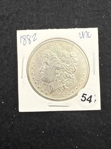 1882 UNC Morgan Silver Dollar Coin: KEY WORDS: INDIAN ARTIFACT ARTIFACTS ARROWHEAD ARROWHEADS NATIVE AMERICAN MISSISSIPPIAN QUAPAW CADDO POTTERY COINS MORGAN DOLLAR PEACE DOLLAR SILVER COINS. All coins have been Sigma tested for authent