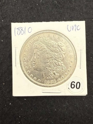 1881 O UNC Morgan Silver Dollar Coin: KEY WORDS: INDIAN ARTIFACT ARTIFACTS ARROWHEAD ARROWHEADS NATIVE AMERICAN MISSISSIPPIAN QUAPAW CADDO POTTERY COINS MORGAN DOLLAR PEACE DOLLAR SILVER COINS. All coins have been Sigma tested for