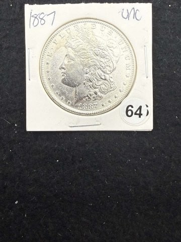 1887 UNC Morgan Silver Dollar Coin: KEY WORDS: INDIAN ARTIFACT ARTIFACTS ARROWHEAD ARROWHEADS NATIVE AMERICAN MISSISSIPPIAN QUAPAW CADDO POTTERY COINS MORGAN DOLLAR PEACE DOLLAR SILVER COINS. All coins have been Sigma tested for authent