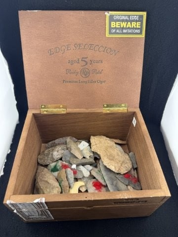 Cigar Box full of Blades, Scrapers, etc Indian Artifact Arrowhead: KEY WORDS: INDIAN ARTIFACT ARTIFACTS ARROWHEAD ARROWHEADS NATIVE AMERICAN MISSISSIPPIAN QUAPAW CADDO POTTERY COINS MORGAN DOLLAR PEACE DOLLAR SILVER COINS. All coins have been Sigma tested for