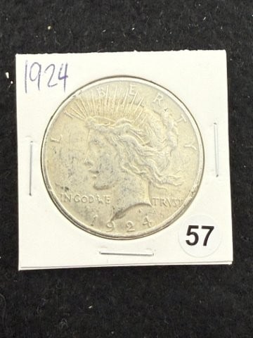 1924 Peace Silver Dollar Coin: KEY WORDS: INDIAN ARTIFACT ARTIFACTS ARROWHEAD ARROWHEADS NATIVE AMERICAN MISSISSIPPIAN QUAPAW CADDO POTTERY COINS MORGAN DOLLAR PEACE DOLLAR SILVER COINS. All coins have been Sigma tested for