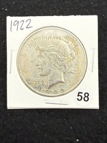 1922 Peace Silver Dollar Coin: KEY WORDS: INDIAN ARTIFACT ARTIFACTS ARROWHEAD ARROWHEADS NATIVE AMERICAN MISSISSIPPIAN QUAPAW CADDO POTTERY COINS MORGAN DOLLAR PEACE DOLLAR SILVER COINS. All coins have been Sigma tested for