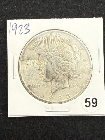 1923 Peace Silver Dollar Coin: KEY WORDS: INDIAN ARTIFACT ARTIFACTS ARROWHEAD ARROWHEADS NATIVE AMERICAN MISSISSIPPIAN QUAPAW CADDO POTTERY COINS MORGAN DOLLAR PEACE DOLLAR SILVER COINS. All coins have been Sigma tested for