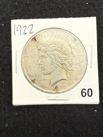 1922 Peace Silver Dollar Coin: KEY WORDS: INDIAN ARTIFACT ARTIFACTS ARROWHEAD ARROWHEADS NATIVE AMERICAN MISSISSIPPIAN QUAPAW CADDO POTTERY COINS MORGAN DOLLAR PEACE DOLLAR SILVER COINS. All coins have been Sigma tested for