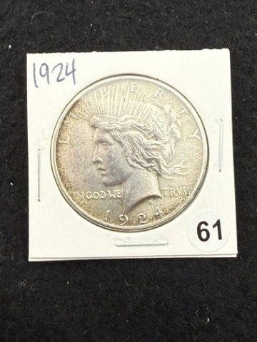 1924 Peace Silver Dollar Coin: KEY WORDS: INDIAN ARTIFACT ARTIFACTS ARROWHEAD ARROWHEADS NATIVE AMERICAN MISSISSIPPIAN QUAPAW CADDO POTTERY COINS MORGAN DOLLAR PEACE DOLLAR SILVER COINS. All coins have been Sigma tested for