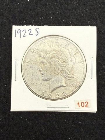 1922 S Peace Silver Dollar Coin: KEY WORDS: INDIAN ARTIFACT ARTIFACTS ARROWHEAD ARROWHEADS NATIVE AMERICAN MISSISSIPPIAN QUAPAW CADDO POTTERY COINS MORGAN DOLLAR PEACE DOLLAR SILVER COINS. All coins have been Sigma tested for