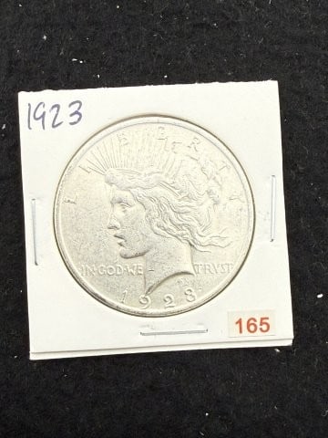 1923 Peace Silver Dollar Coin: KEY WORDS: INDIAN ARTIFACT ARTIFACTS ARROWHEAD ARROWHEADS NATIVE AMERICAN MISSISSIPPIAN QUAPAW CADDO POTTERY COINS MORGAN DOLLAR PEACE DOLLAR SILVER COINS. All coins have been Sigma tested for