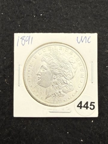 1891 UNC Morgan Silver Dollar Coin: KEY WORDS: INDIAN ARTIFACT ARTIFACTS ARROWHEAD ARROWHEADS NATIVE AMERICAN MISSISSIPPIAN QUAPAW CADDO POTTERY COINS MORGAN DOLLAR PEACE DOLLAR SILVER COINS. All coins have been Sigma tested for authent