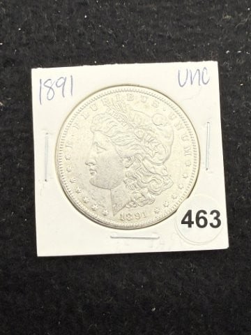 1891 UNC Morgan Silver Dollar Coin: KEY WORDS: INDIAN ARTIFACT ARTIFACTS ARROWHEAD ARROWHEADS NATIVE AMERICAN MISSISSIPPIAN QUAPAW CADDO POTTERY COINS MORGAN DOLLAR PEACE DOLLAR SILVER COINS. All coins have been Sigma tested for